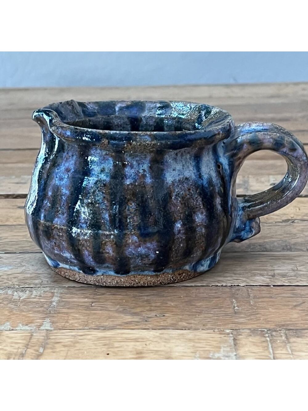Art Studio Pottery Creamer Mug 3" Spout Blue & Brown Drip Glaze Signed
